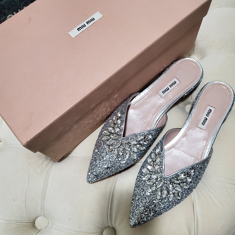 Miu Miu Calzature Donna Crystals Silver Glitter Pointed Mules Size 38